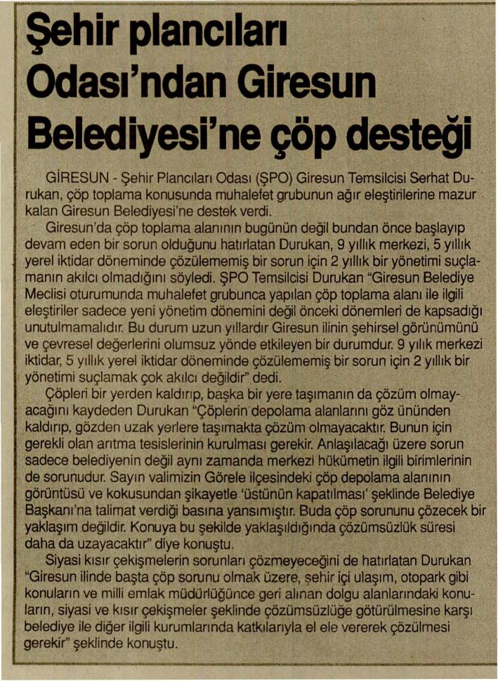 ŞEHİR PLANCILARI ODASI'NDAN GİRESUN BELEDİYESİ'NE ÇÖP DESTEĞİ