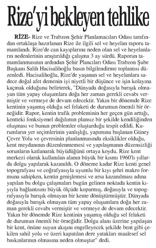 RİZE`Yİ BEKLEYEN TEHLİKE