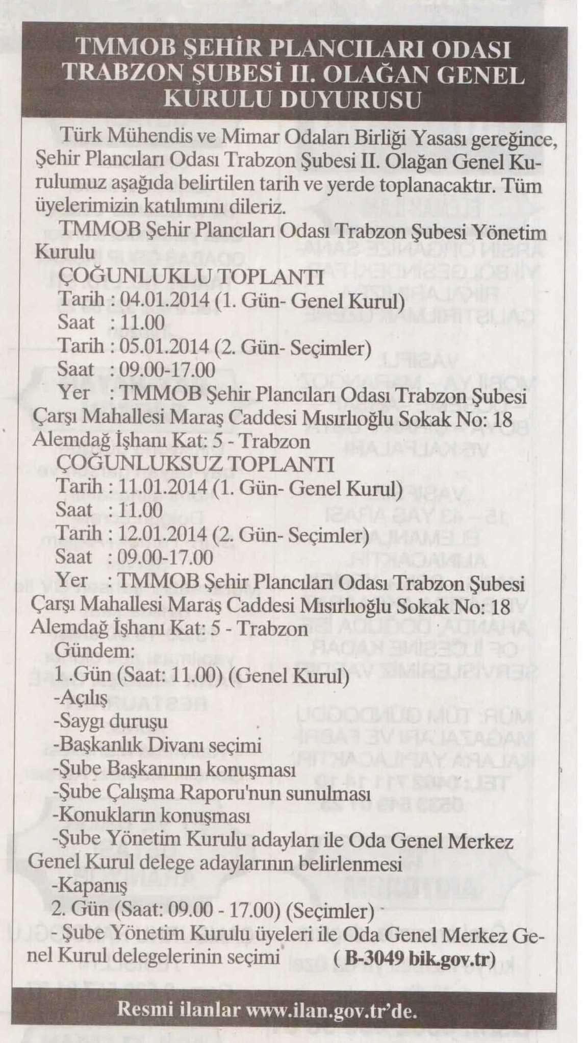 TMMOB ŞEHİR PLANCILARI ODASI TRABZON ŞUBESİ II. OLAĞAN GENEL KURULU DUYURUSU