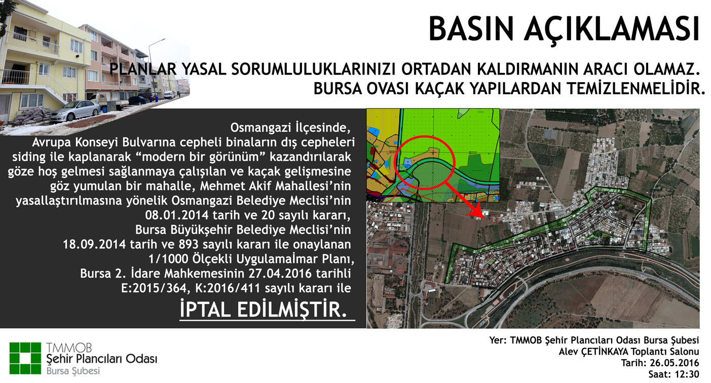 PLANLAR YASAL SORUMLULUKLARINIZI ORTADAN KALDIRMANIN ARACI OLAMAZ. BURSA OVASI KAÇAK YAPILARDAN TEMİZLENMELİDİR.