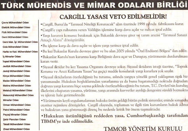 TMMOB, "CARGILL YASASI"NIN VETO EDİLMESİ İÇİN GAZETELERE İLAN VERDİ