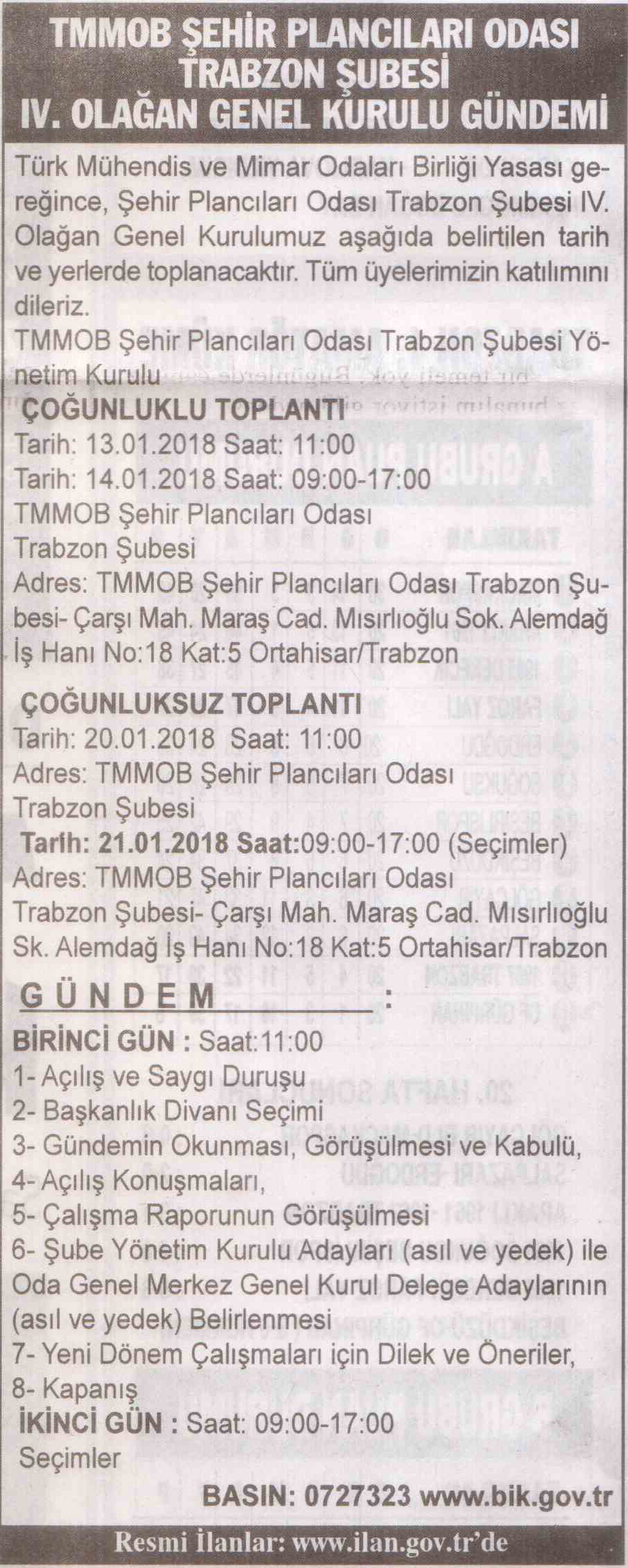 ŞEHİR PLANCILARI ODASI TRABZON ŞUBEMİZİN IV. OLAĞAN GENEL KURULU BASIN DUYURUSU