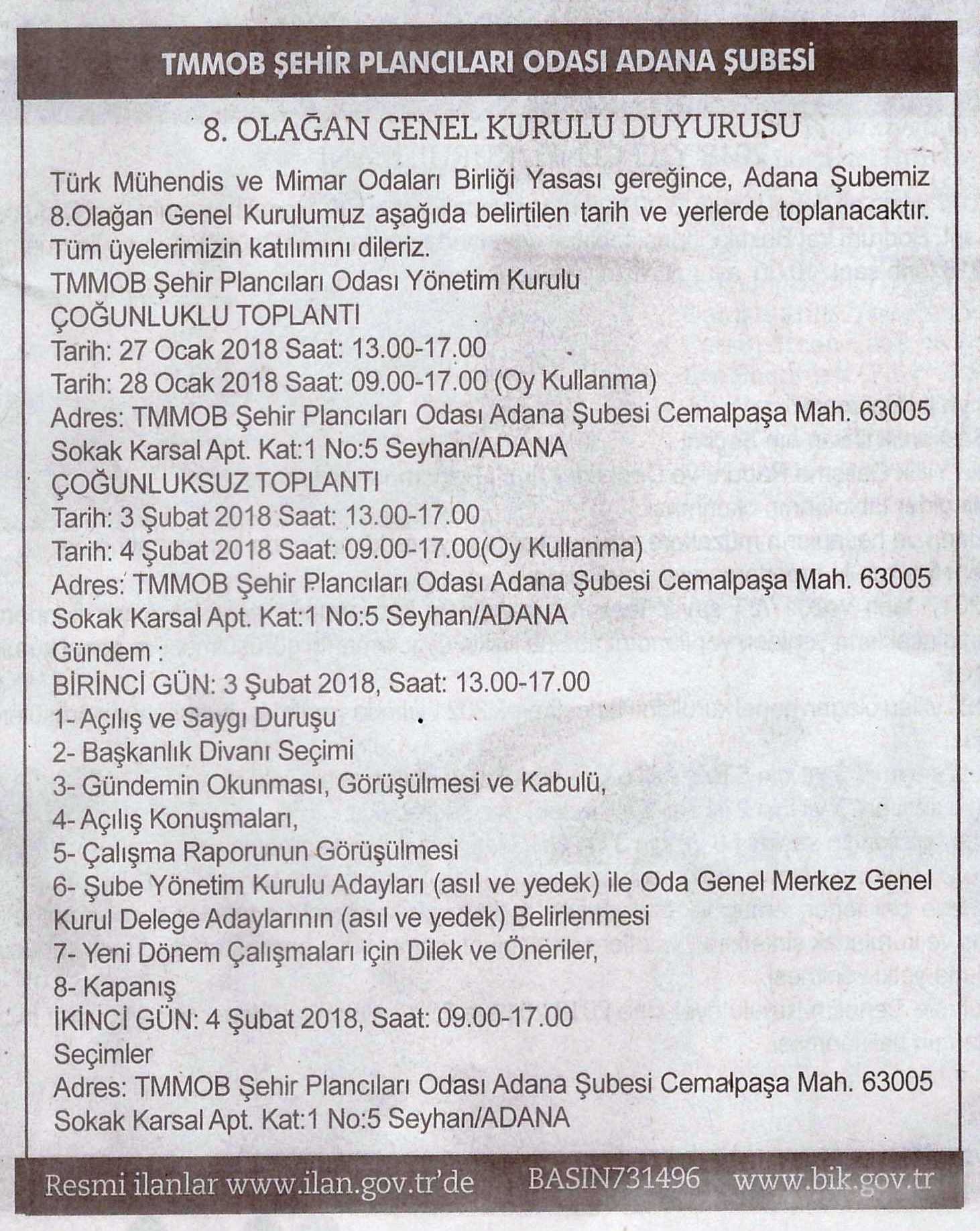 ŞEHİR PLANCILARI ODASI ADANA ŞUBESİ 8.OLAĞAN GENEL KURULU BASIN DUYURUSU