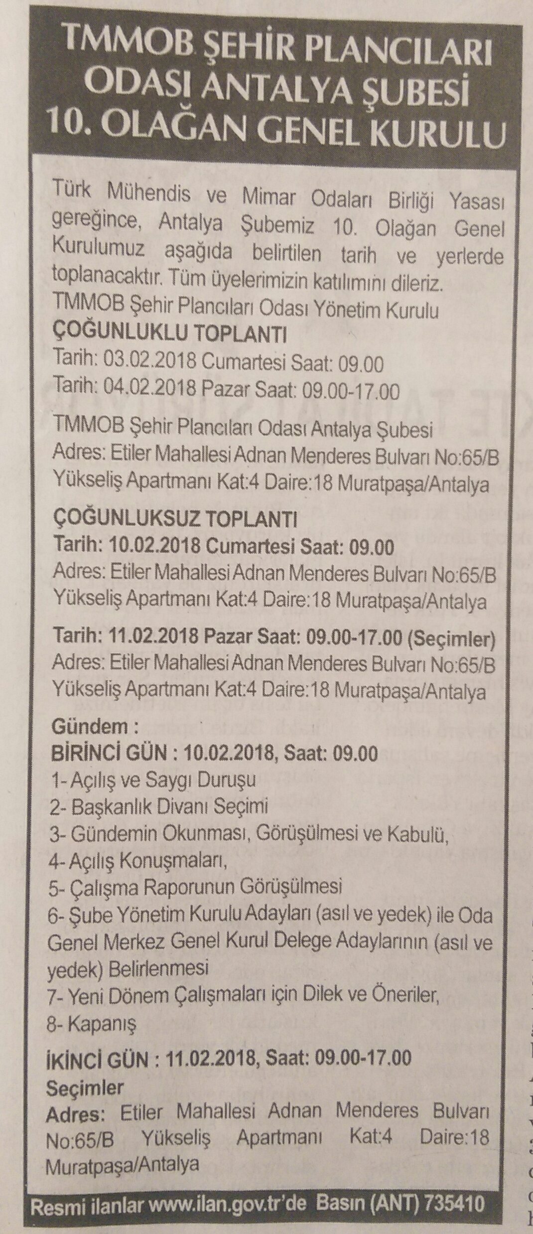 ŞEHİR PLANCILARI ODASI ANTALYA ŞUBESİ 10.OLAĞAN GENEL KURULU BASIN DUYURUSU