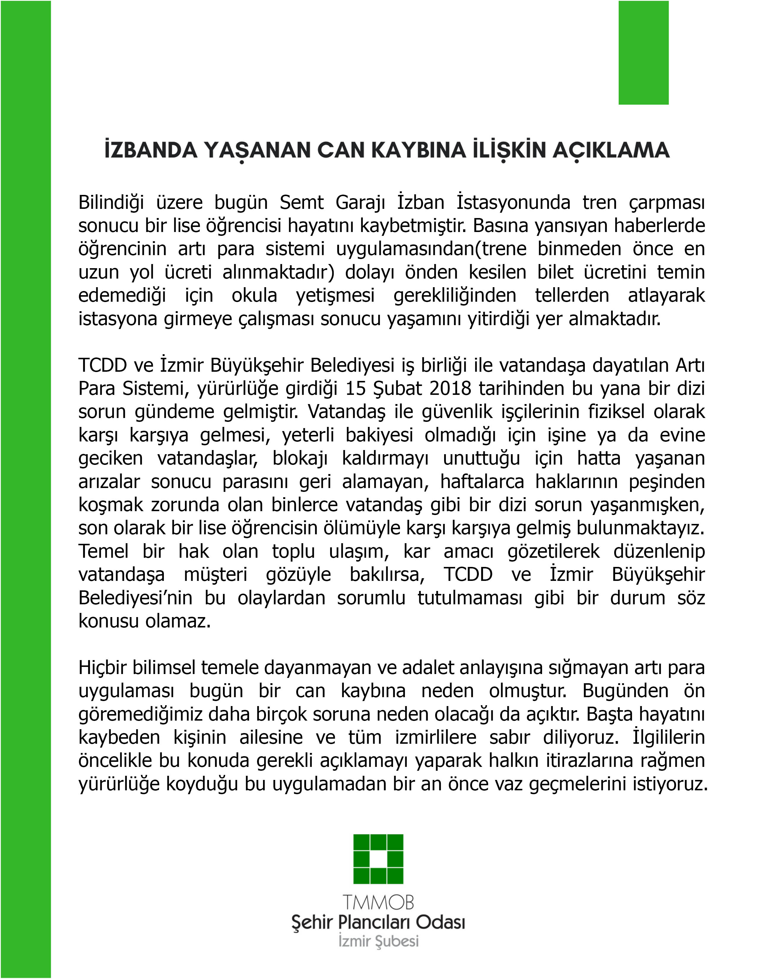 BASIN AÇIKLAMASI: İZBAN`DA YAŞANAN CAN KAYBI!