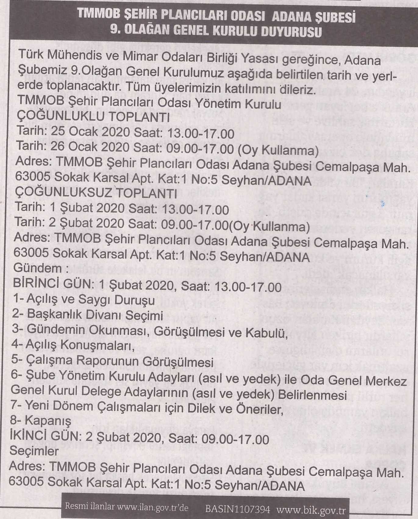 TMMOB ŞEHİR PLANCILARI ODASI ADANA ŞUBESİ 9. OLAĞAN GENEL KURULU DUYURUSU