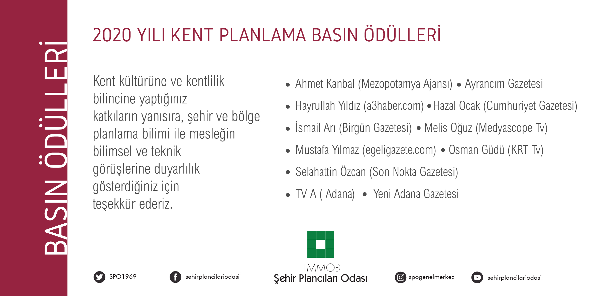2020 YILI KENT PLANLAMA BASIN ÖDÜLLERİ