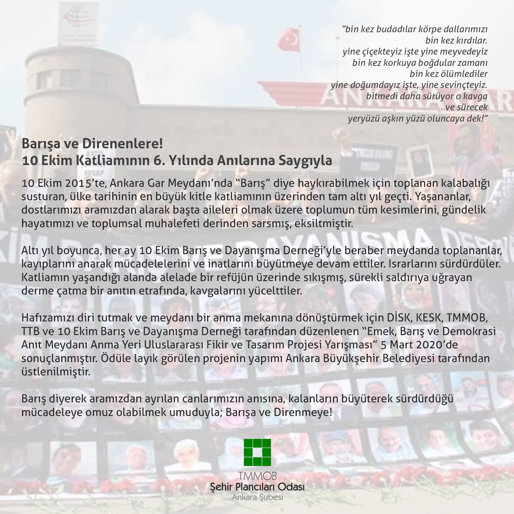 10 EKİM KATLİAMININ 6. YILINDA ANILARINA SAYGIYLA; BARIŞA VE DİRENENLERE!