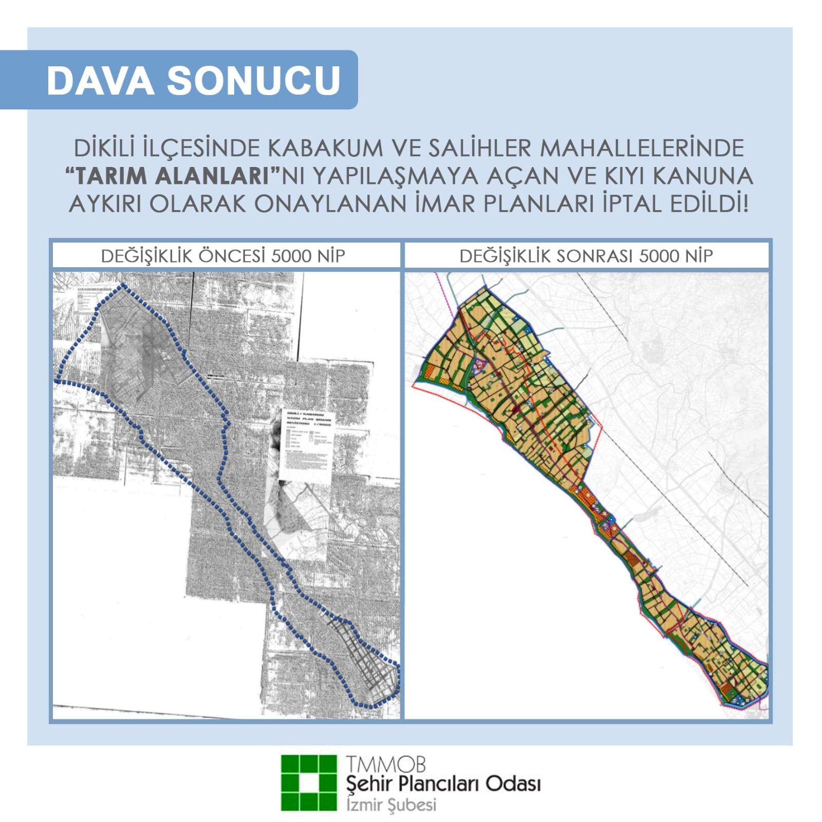 DİKİLİ İLÇESİNDE KABAKUM VE SALİHLER MAHALLERİNDE "TARIM ALANLARI"NI YAPILAŞMAYA AÇAN VE KIYI KANUNA AYKIRI OLARAK ONAYLANAN İMAR PLANLARI İPTAL EDİLDİ!