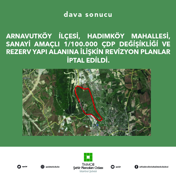 ARNAVUTKÖY İLÇESİ, HADIMKÖY MAHALLESİ, SANAYİ AMAÇLI 1/100.000 ÇDP DEĞİŞİKLİĞİ VE REZERV YAPI ALANINA İLİŞKİN REVİZYON PLANLAR İPTAL EDİLDİ!