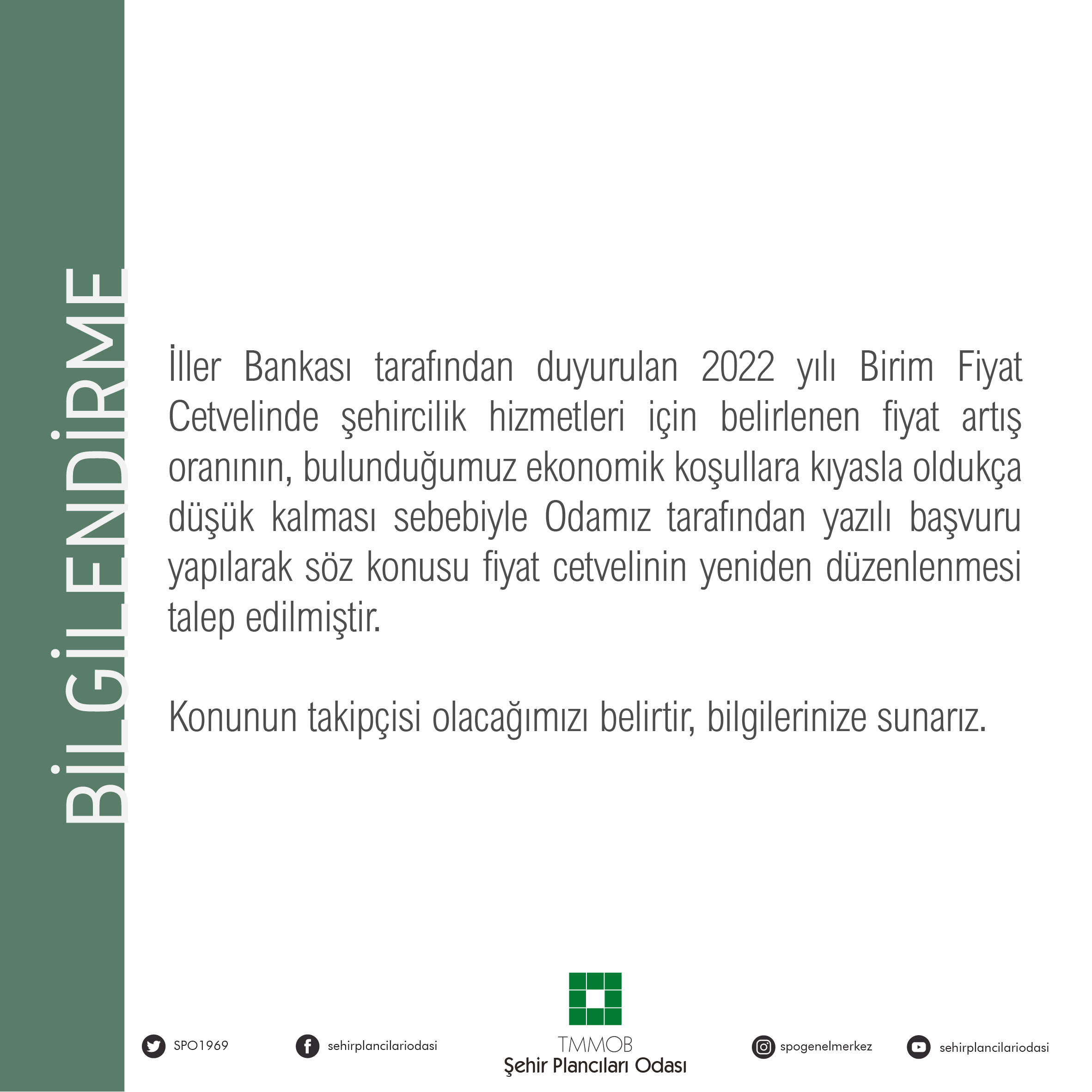 İLLER BANKASI BİRİM FİYAT CETVELİ - ŞEHİRCİLİK HİZMETLERİ ÜCRETLERİNE  DAİR TALEP BİLGİLENDİRMESİ