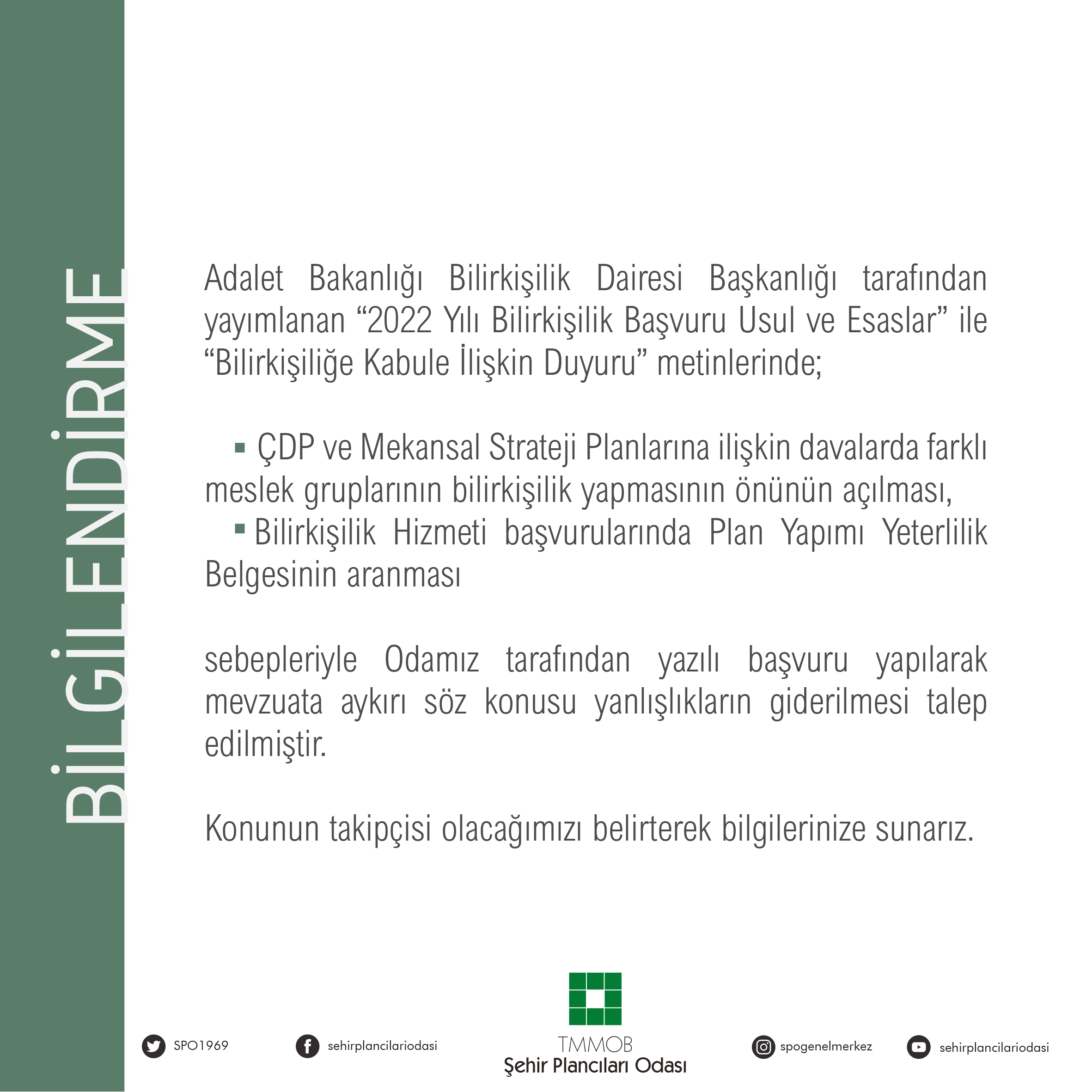 ADALET BAKANLIĞI DUYURULARINA DAİR TALEP BİLGİLENDİRMESİ