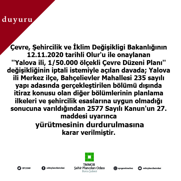 YALOVA İLİ, 1/50.000 ÖLÇEKLİ ÇEVRE DÜZENİ PLANI YÜRÜTMEYİ DURDURMA KARARI 