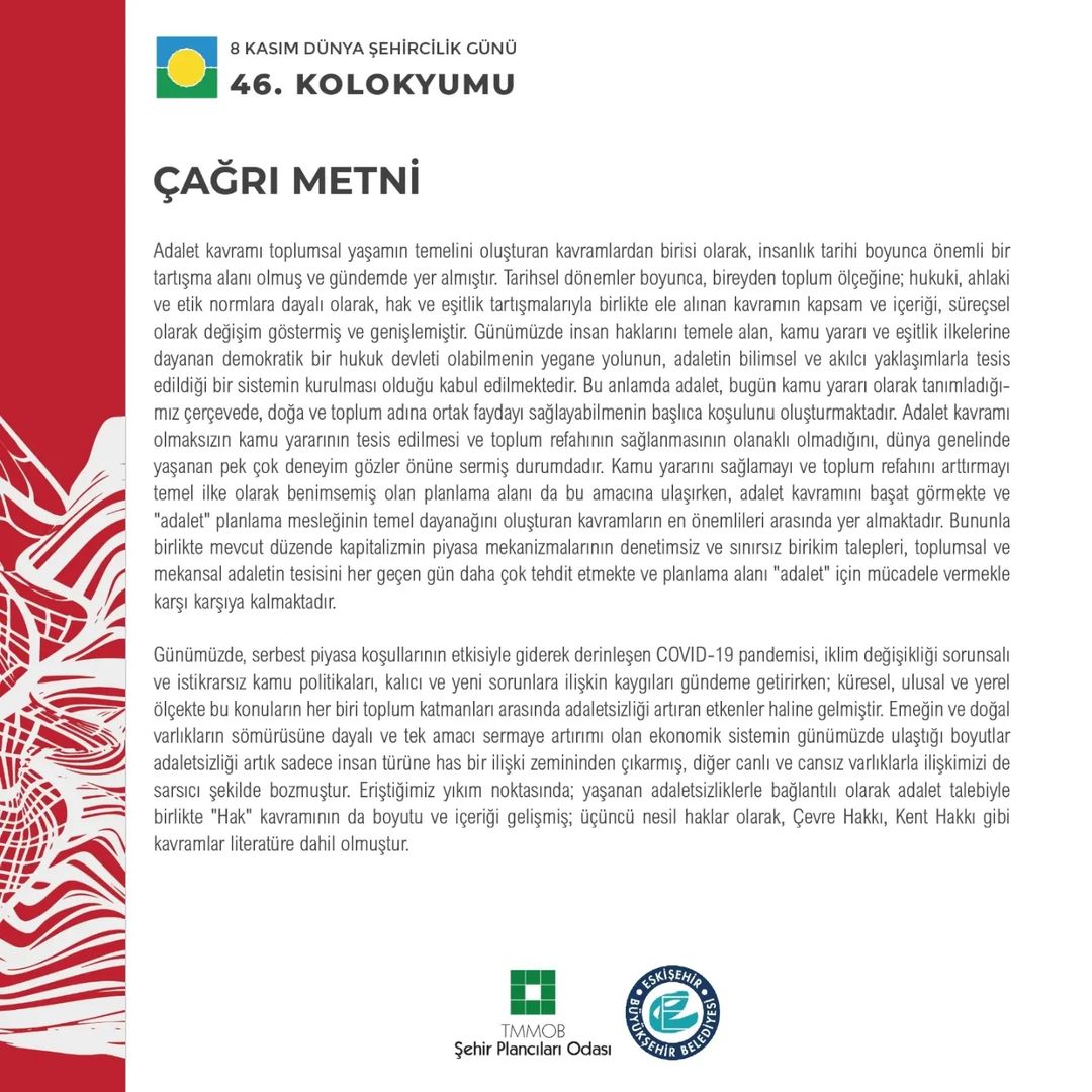 8 KASIM DÜNYA ŞEHİRCİLİK GÜNÜ 46. KOLOKYUM ÖZET GÖNDERİM TARİHİ UZATILDI!!!
