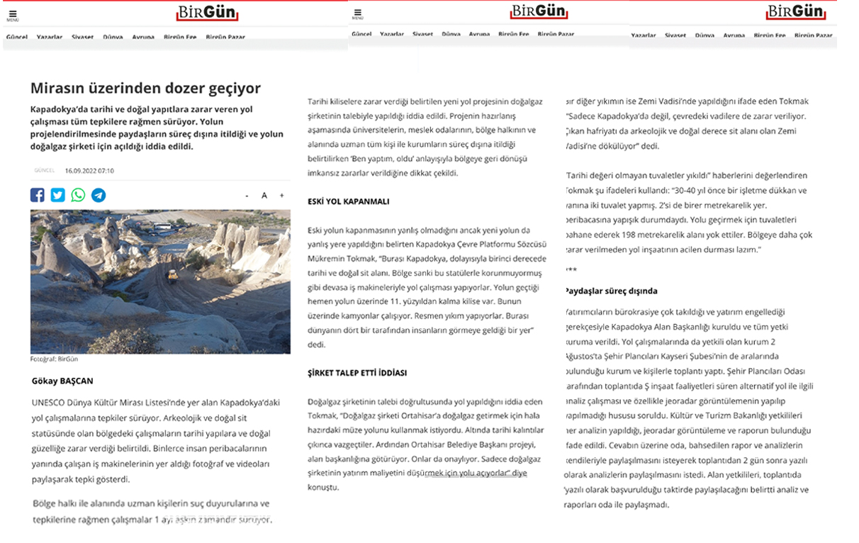 UNESCO DÜNYA MİRASI LİSTESİNDE YER ALAN NEVŞEHİR-GÖREME BELDESİ, GÖREME AÇIK HAVA MÜZESİ YAKININDAN GEÇEN YOL HAKKINDA BASIN AÇIKLAMASI BİRGÜN GAZETESİ`NDE!