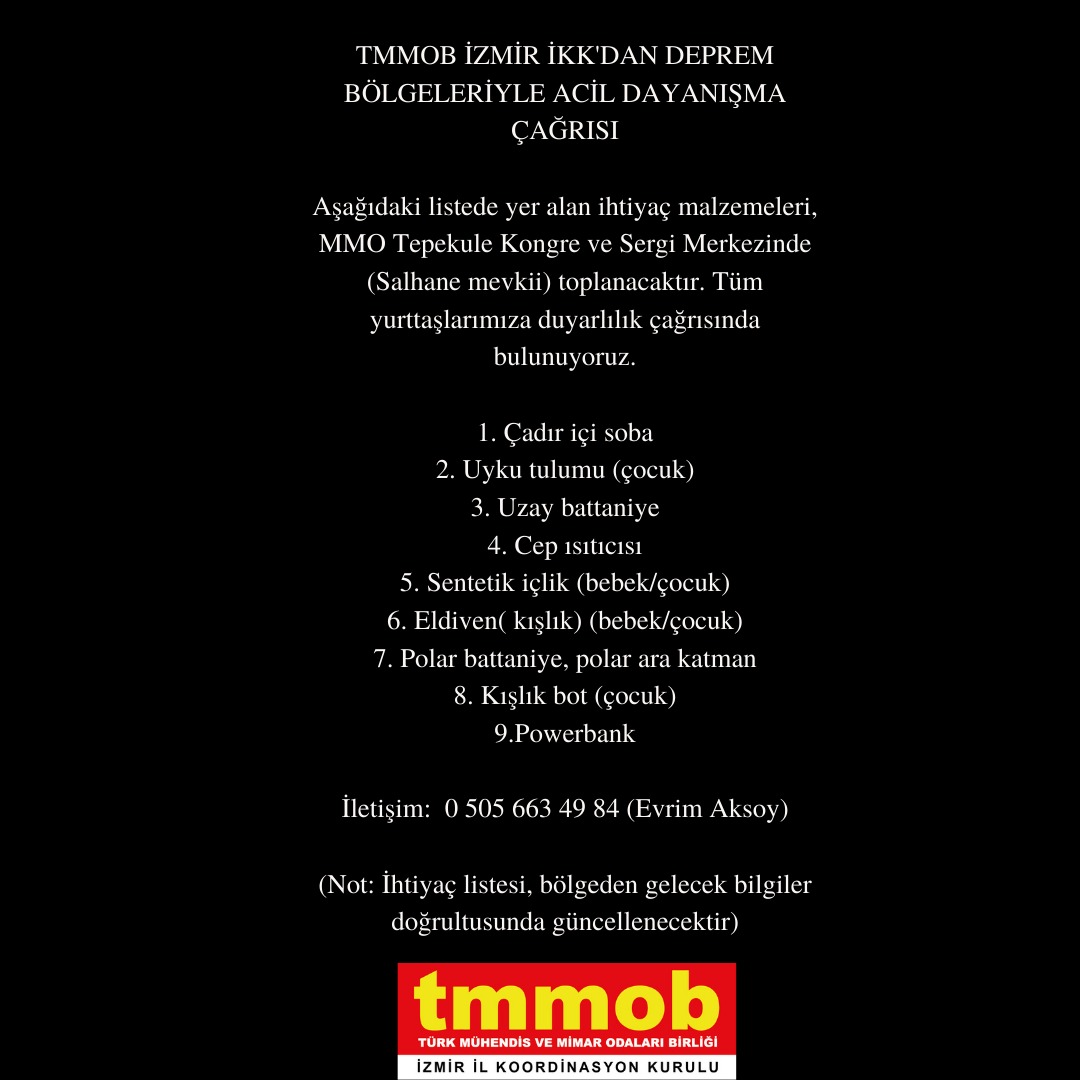 TMMOB İZMİR İKK`DAN DEPREM BÖLGELERİYLE ACİL DAYANIŞMA ÇAĞRISI