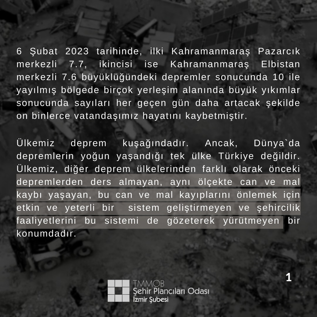 SON DEPREM DERS OLSUN! 
TÜM SİYASİ PARTİLERE VE KAMU İDARELERİNE  AÇIK ÇAĞRIMIZDIR: İMAR AFFI ANAYASADA ENGELLENSİN, KAÇAK YAPILAR VAKİT KAYBETMEKSİZİN YIKILSIN!
