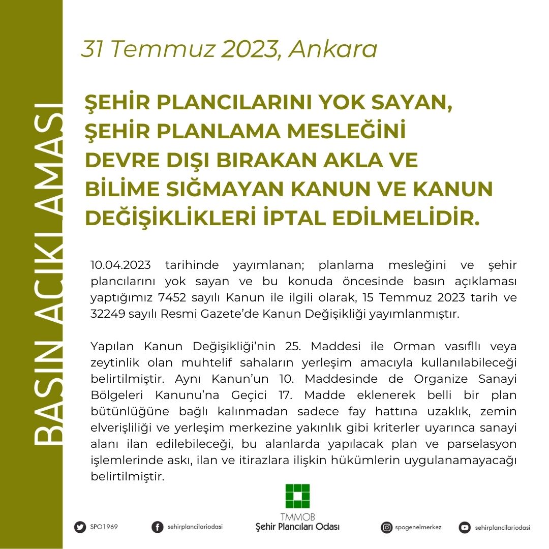 
ŞEHİR PLANCILARINI YOK SAYAN, ŞEHİR PLANLAMA MESLEĞİNİ DEVRE DIŞI BIRAKAN AKLA VE BİLİME SIĞMAYAN KANUN VE KANUN DEĞİŞİKLİKLERİ İPTAL EDİLMELİDİR.

