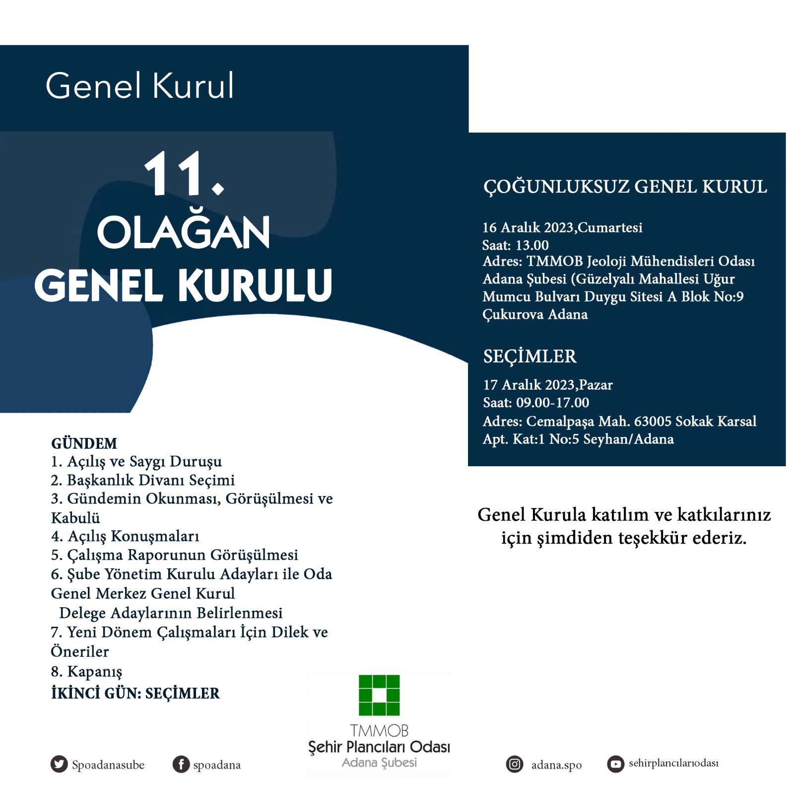 ADANA ŞUBE 11. OLAĞAN GENEL KURULU DUYURUSU