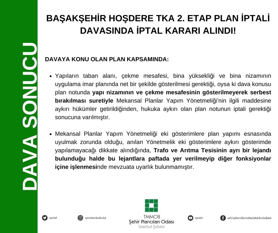 BAŞAKŞEHİR HOŞDERE TKA 2. ETAP PLAN İPTALİ DAVASINDA İPTAL KARARI ALINDI!
