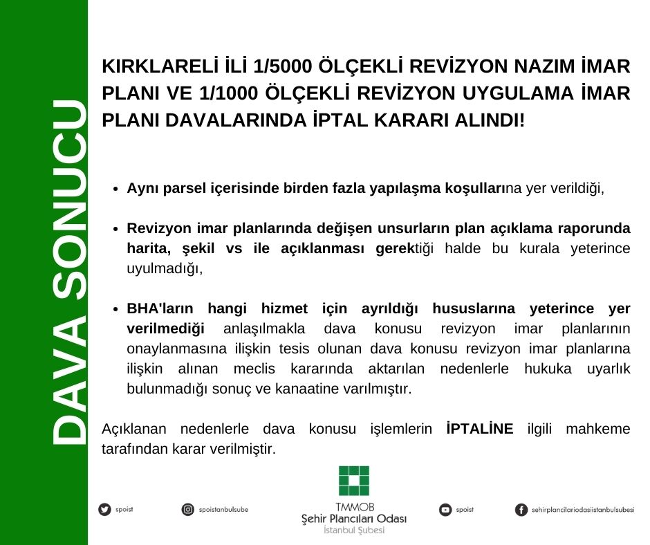 KIRKLARELİ İLİ 1/5000 ÖLÇEKLİ REVİZYON NAZIM İMAR PLANI VE 1/1000 ÖLÇEKLİ REVİZYON UYGULAMA İMAR PLANI DAVALARINDA İPTAL KARARI ALINDI!