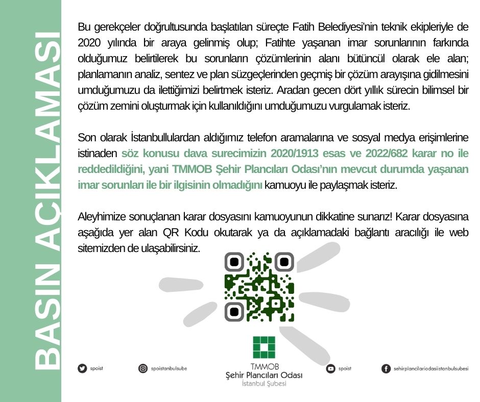FATİH İLÇESİ PLAN NOTU DEĞİŞİKLİĞİ`NE DAİR BASIN AÇIKLAMAMIZ!