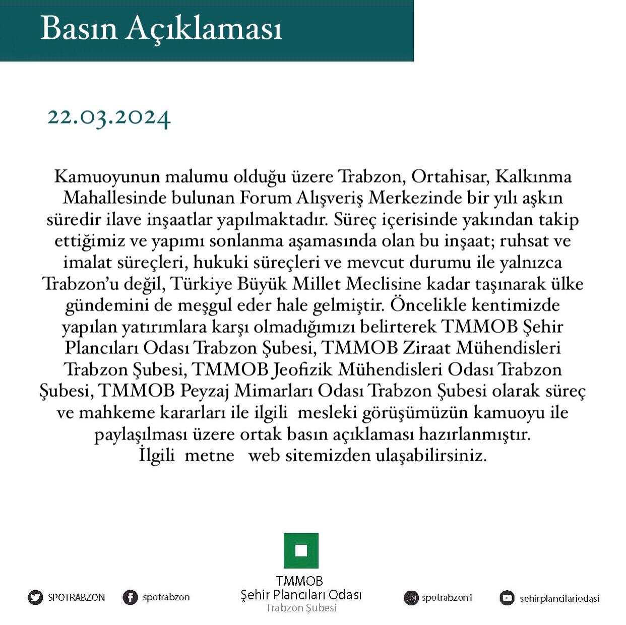 FORUM AVM İLAVE İNŞAATI HAKKINDA ORTAK AÇIKLAMA