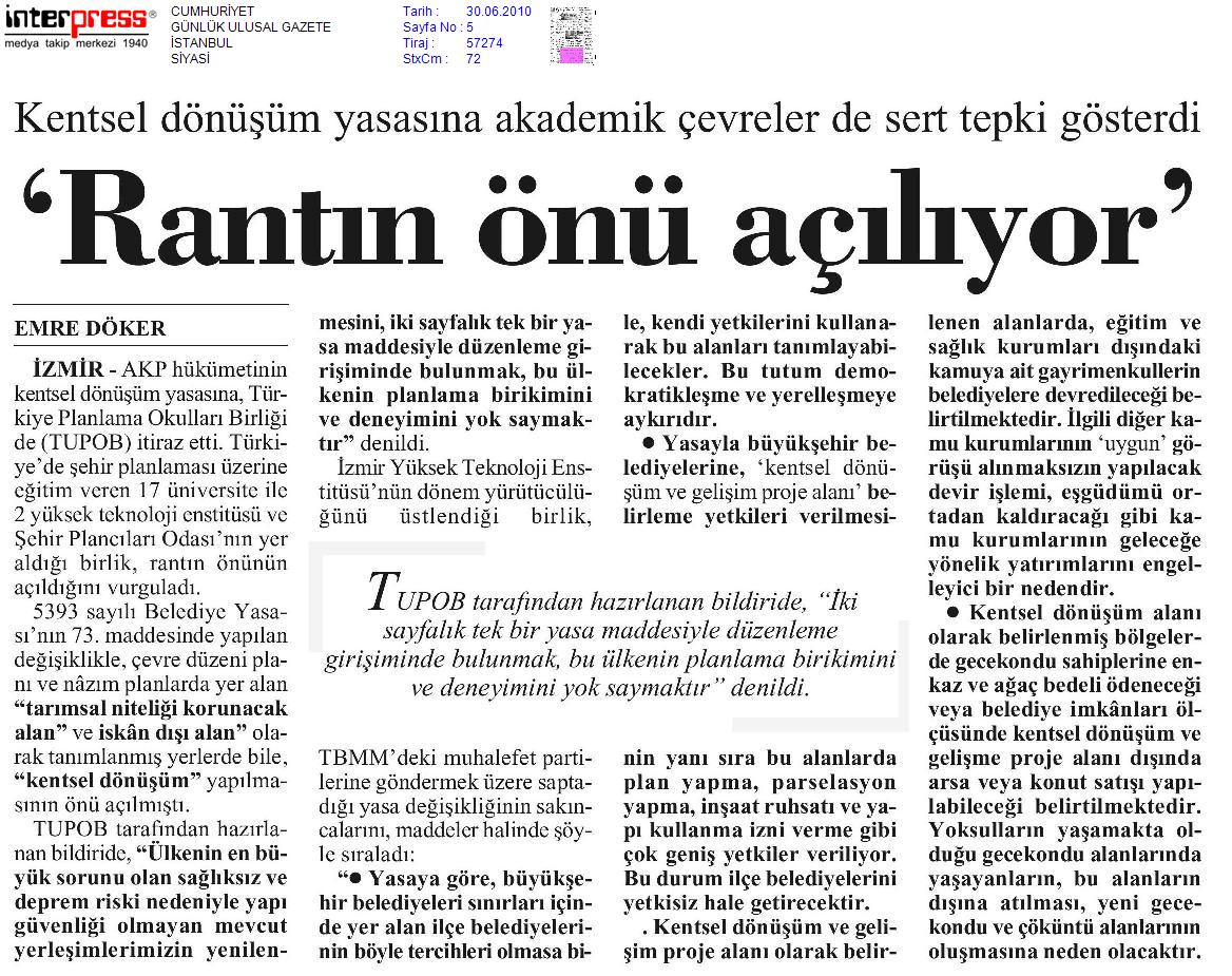 5393 SAYILI BELEDİYE KANUNUNUN 73. MADDESİNDE DEĞİŞİKLİK YAPILMASINA DAİR 5998 SAYILI KANUNA İLİŞKİN TUPOB GÖRÜŞÜ 