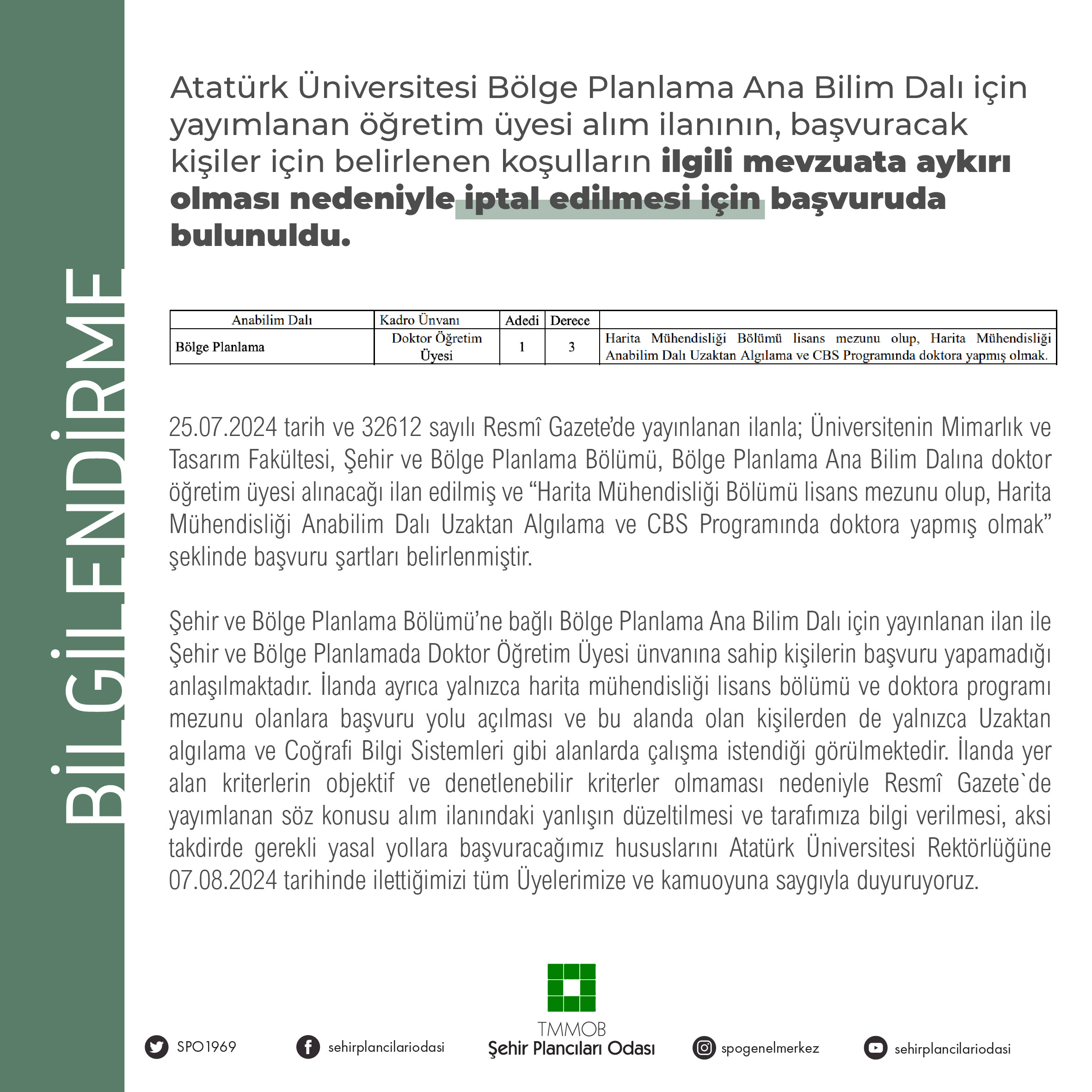 ATATÜRK ÜNİVERSİTESİ BÖLGE PLANLAMA ANA BİLİM DALI İÇİN YAYIMLANAN ÖĞRETİM ÜYESİ ALIM İLANI İTİRAZI HK.