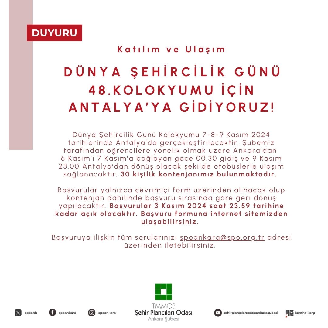 DÜNYA ŞEHİRCİLİK GÜNÜ 48. KOLOKYUMU İÇİN ANTALYA`YA GİDİYORUZ!