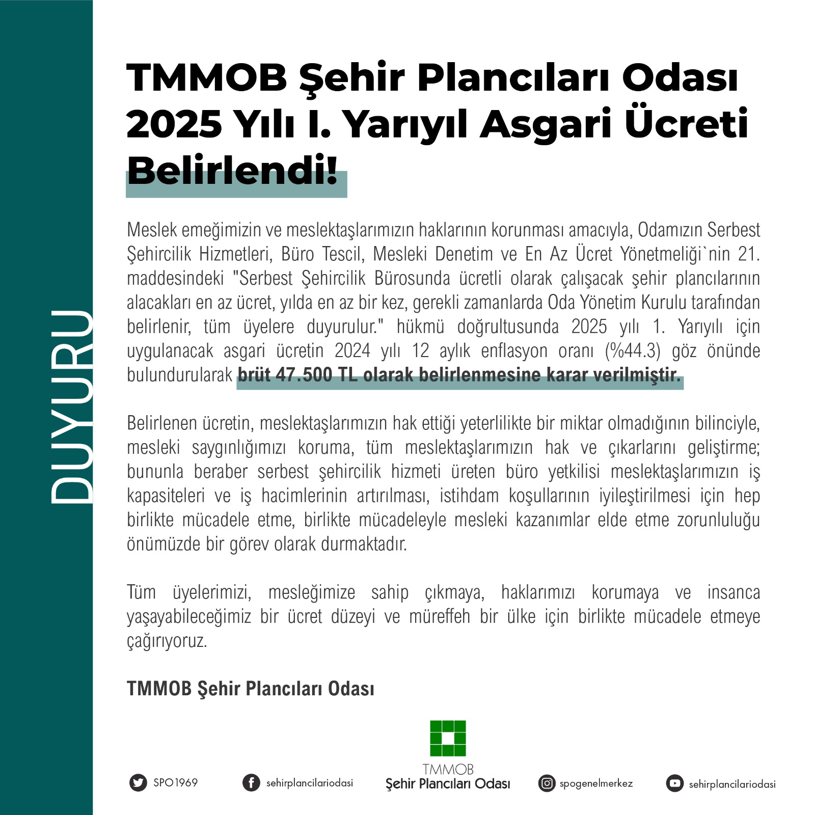 TMMOB ŞEHİR PLANCILARI ODASI 2025 YILI I. YARIYIL ASGARİ ÜCRETİ BELİRLENDİ!
