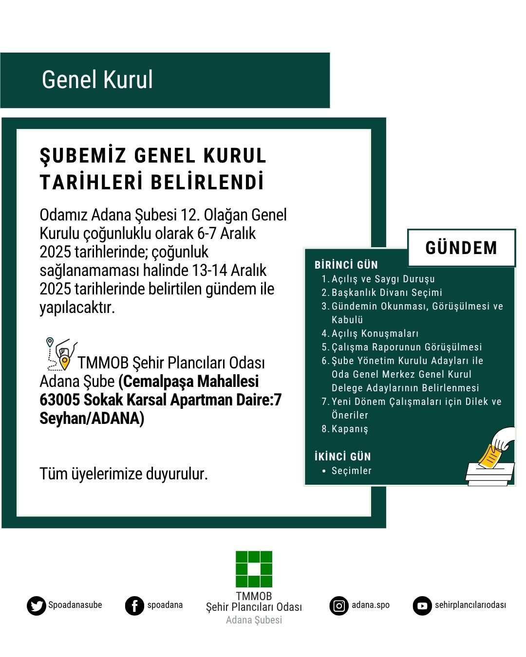 TMMOB ŞEHİR PLANCILARI ODASI ADANA ŞUBESİ 10. OLAĞAN GENEL KURULU DUYURUSU