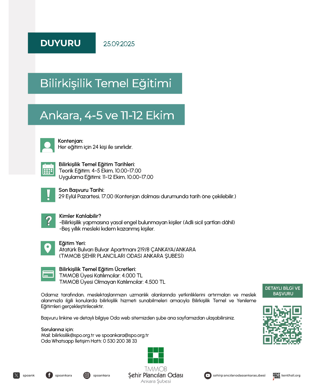 EKİM 2025 ANKARA ŞUBE BİLİRKİŞİLİK TEMEL VE YENİLEME EĞİTİMLERİ