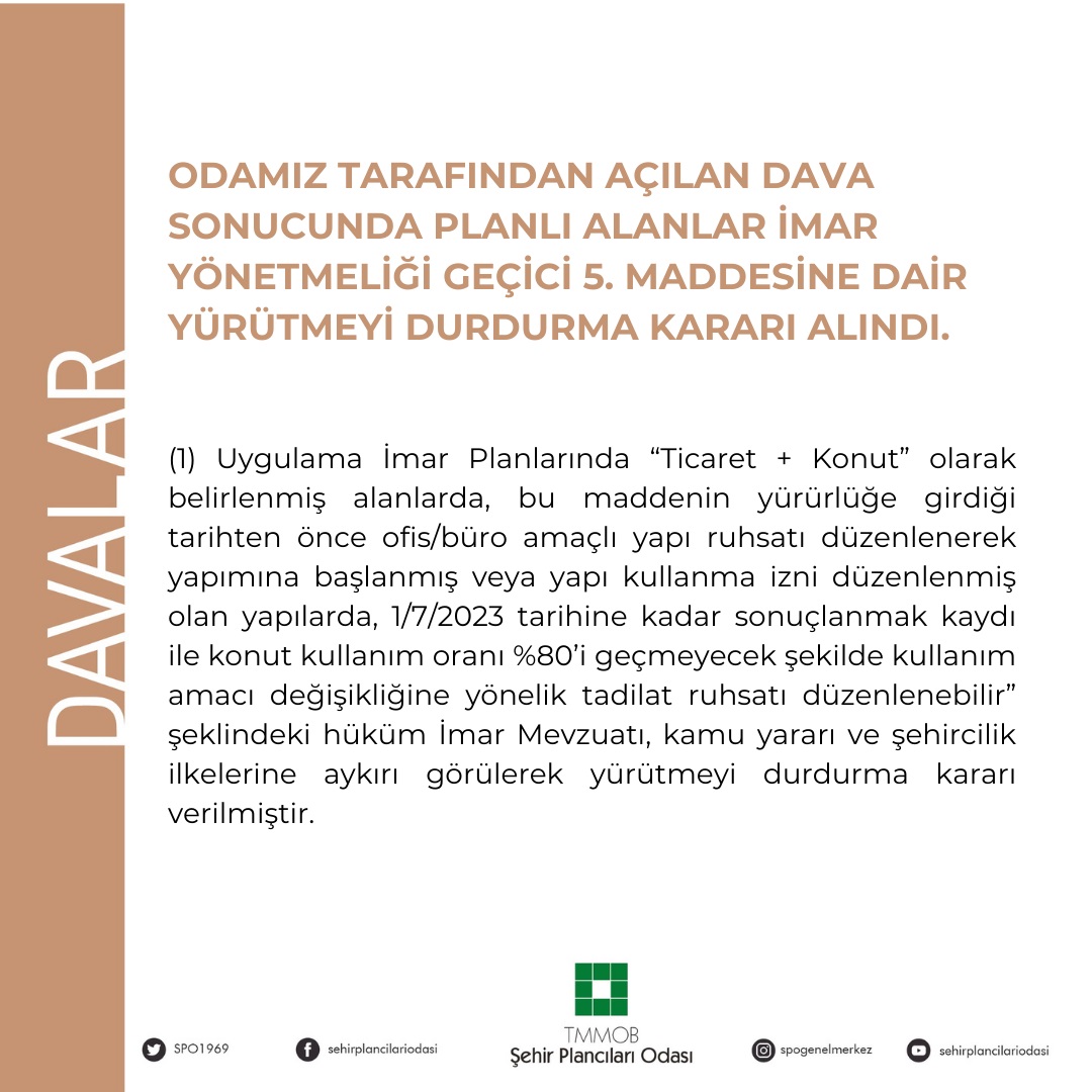 ODAMIZ TARAFINDAN AÇILAN DAVA SONUCUNDA PLANLI ALANLAR İMAR YÖNETMELİĞİ GEÇİCİ 5. MADDESİNE DAİR YÜRÜTMEYİ DURDURMA KARARI ALINDI.