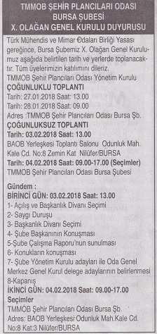 TMMOB ŞEHİR PLANCILARI ODASI BURSA ŞUBESİ X.OLAĞAN GENEL KURULU DUYURUSU